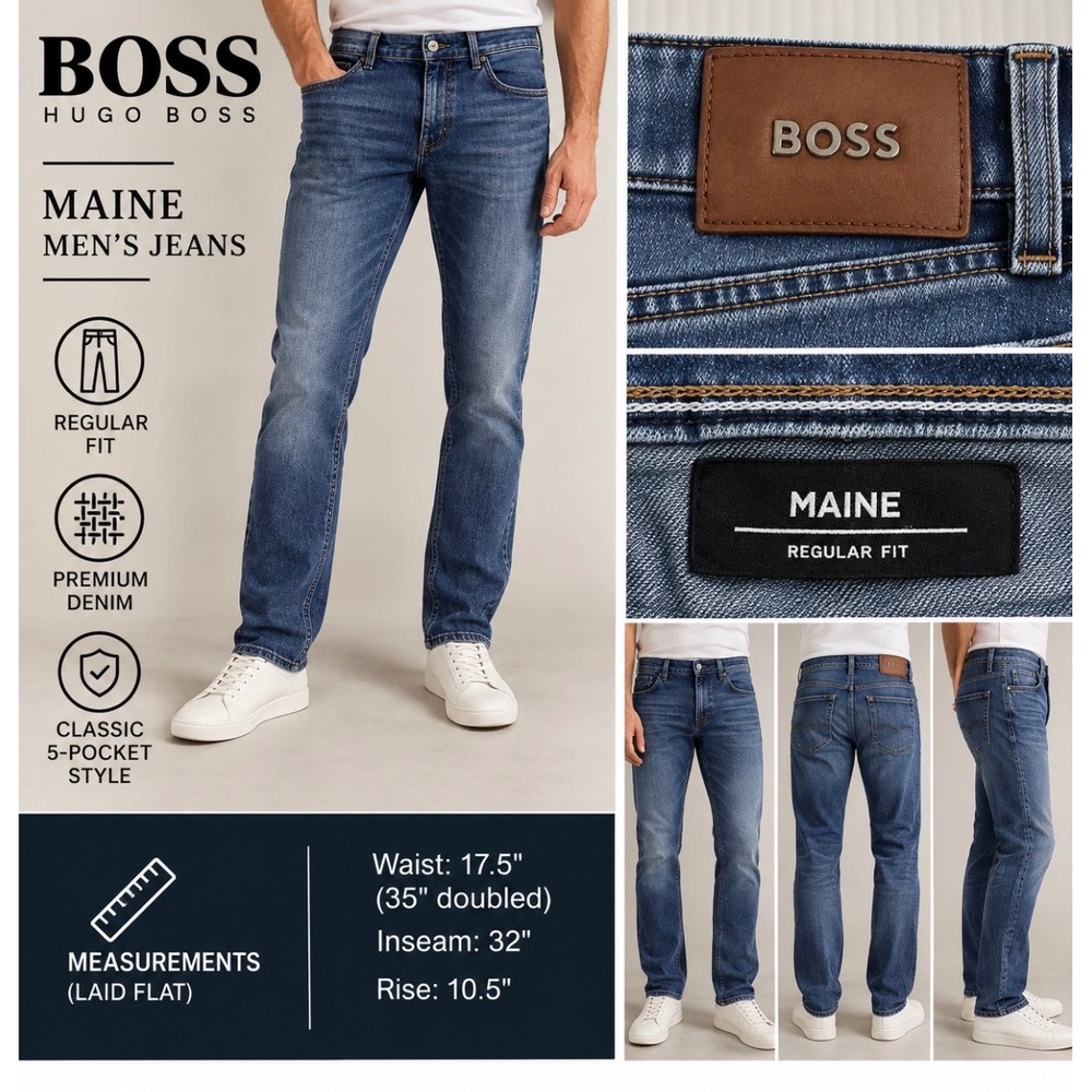 Hugo Boss Maine Regular Fit Jeans Candiani Italian Denim Blue Mens 35x32